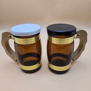 Vintage Amber Glass Beer Stein Salt and Pepper Shakers Wood Handle Gold Trim Set